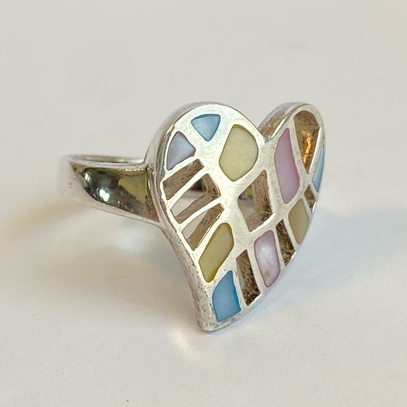 Vintage Sterling Silver Heart Ring Mother Of Pearl Cutout Pink Blue Y2K Size 9 - Picture 4 of 12
